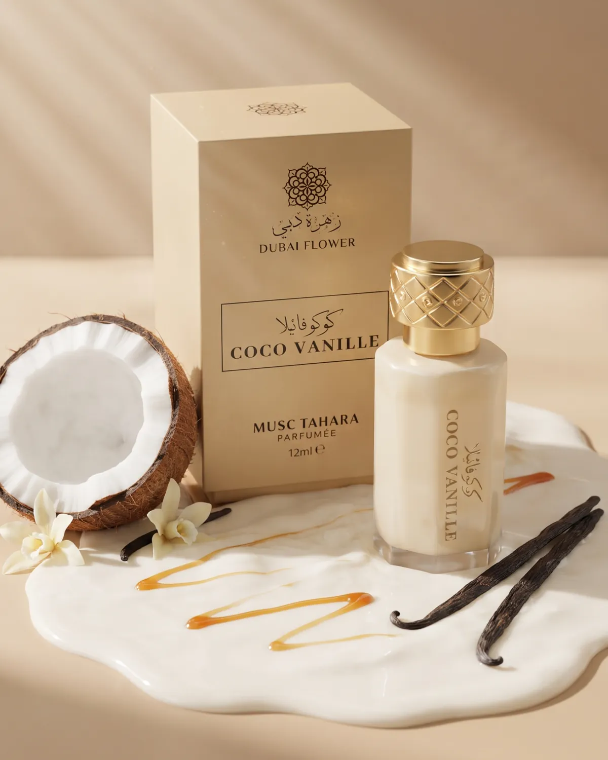 Musc Tahara Coco Vanille de Dubai Flower, étui et flacon de 12 ml