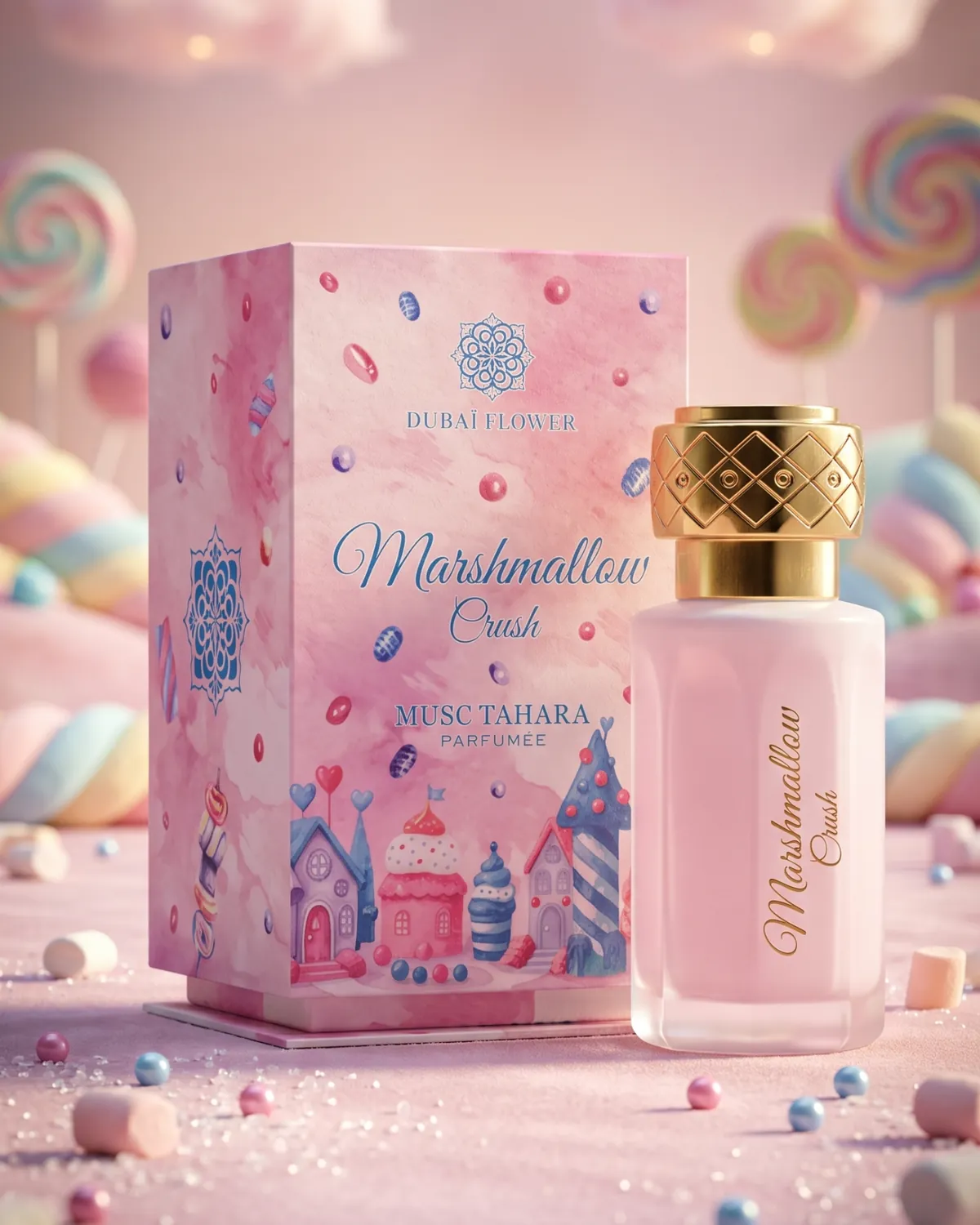 Musc Tahara Marshmallow Crush de Dubai Flower, étui et flacon de 12 ml