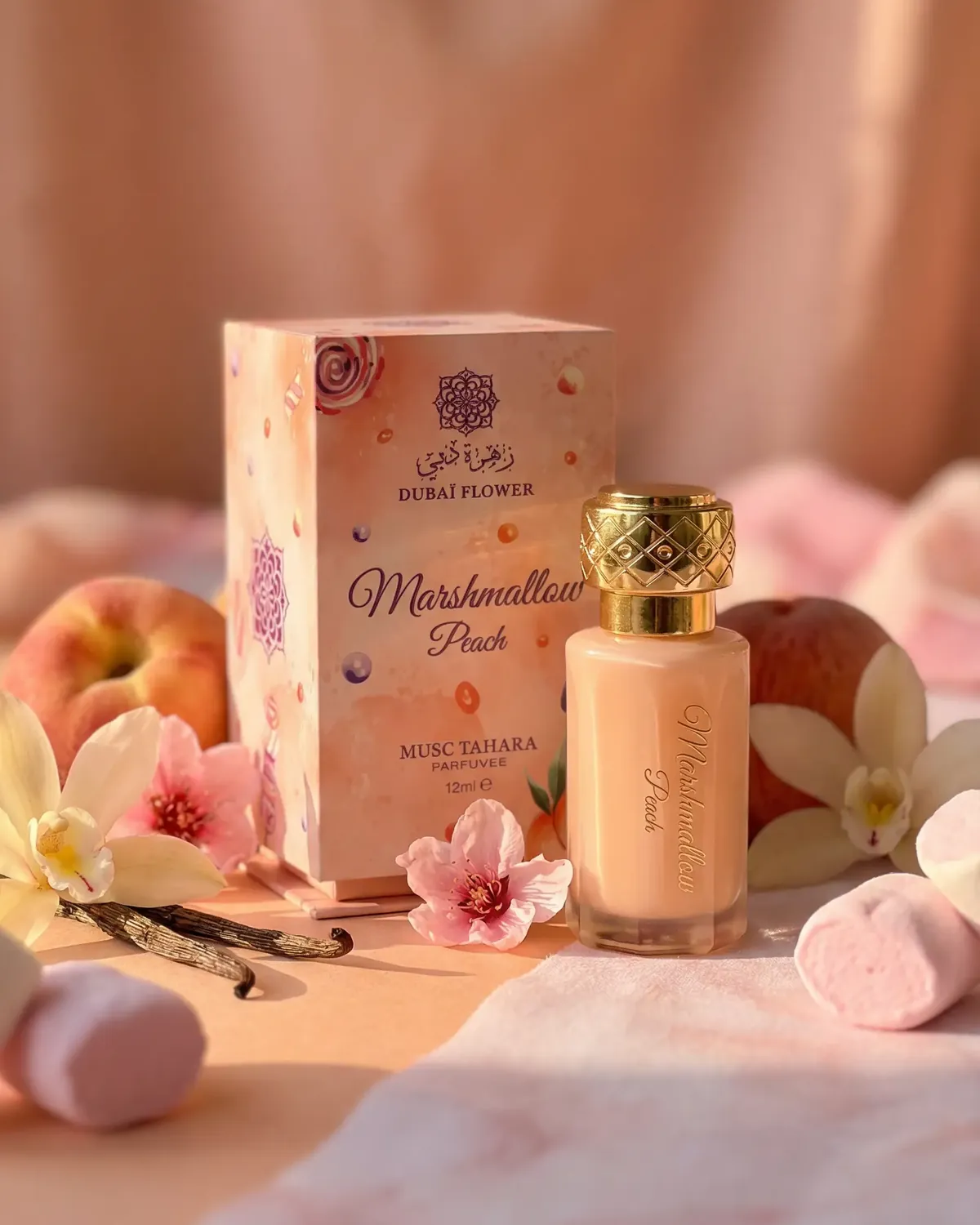 Musc Tahara Marshmallow Peach de Dubai Flower, étui et flacon de 12 ml