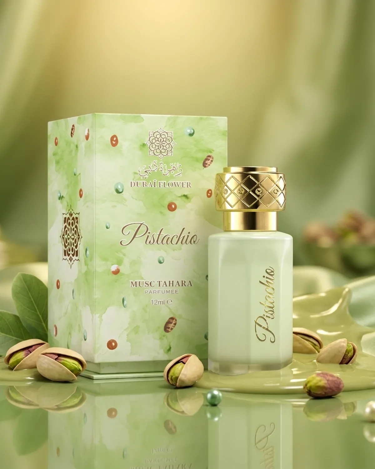 Musc Tahara Pistachio de Dubai Flower, étui et flacon de 12 ml